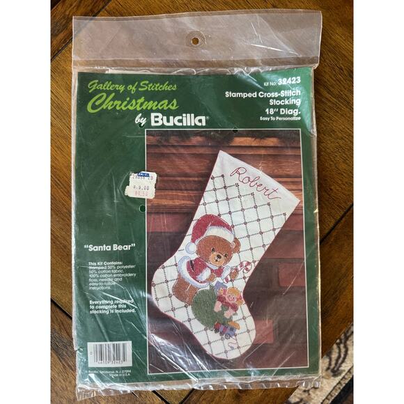NEW Vintage Bucilla Santa Bear Stamped Cross Stitch Stocking Kit 18” NIP - Picture 1 of 7